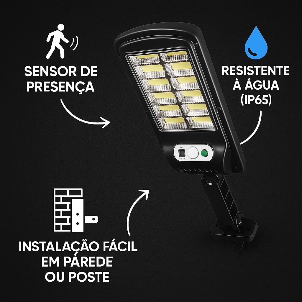 Luminária Solar Refletor Poste com Controle Remoto Super Potente Led Sensor de Presença 3 Modos de Iluminação – IP65 Ultra Potente Prova D'agua 8 Janelas
