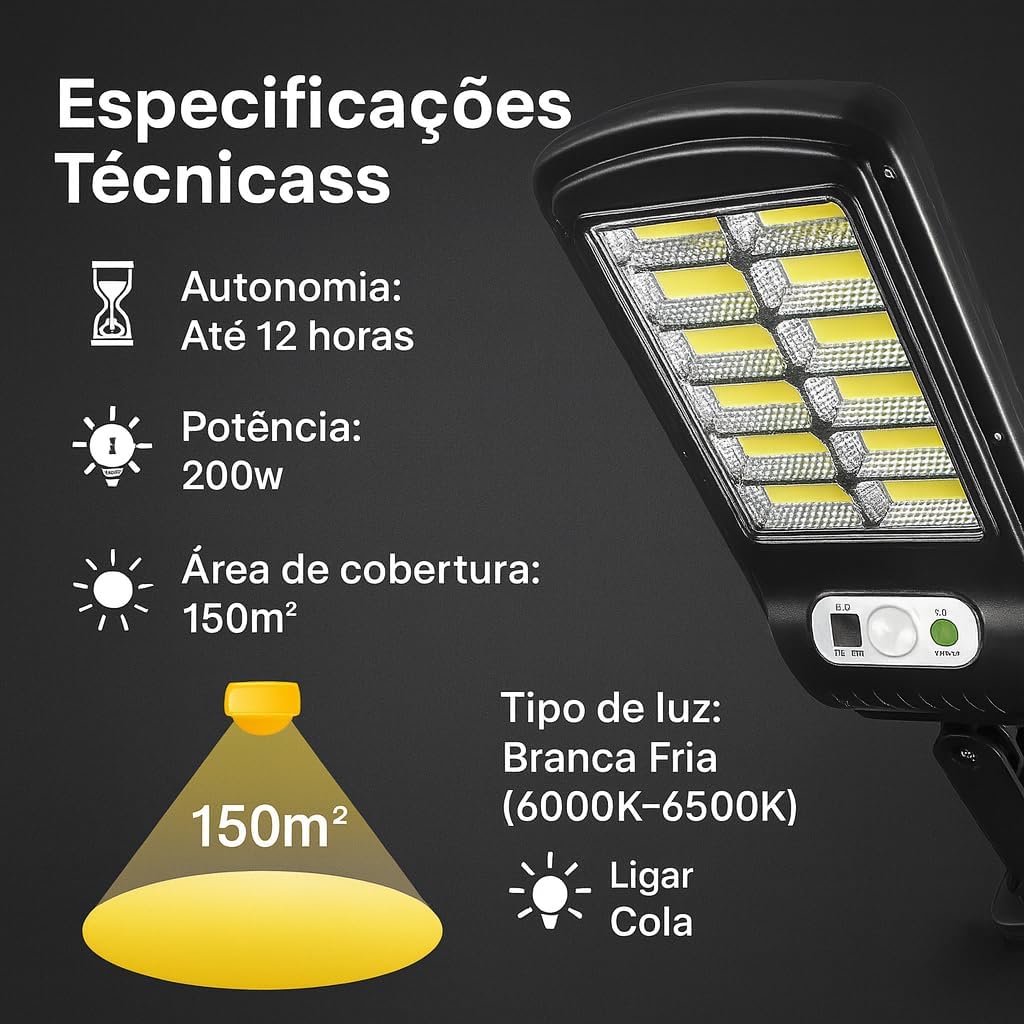 Luminária Solar Refletor Poste com Controle Remoto Super Potente Led Sensor de Presença 3 Modos de Iluminação – IP65 Ultra Potente Prova D'agua 8 Janelas