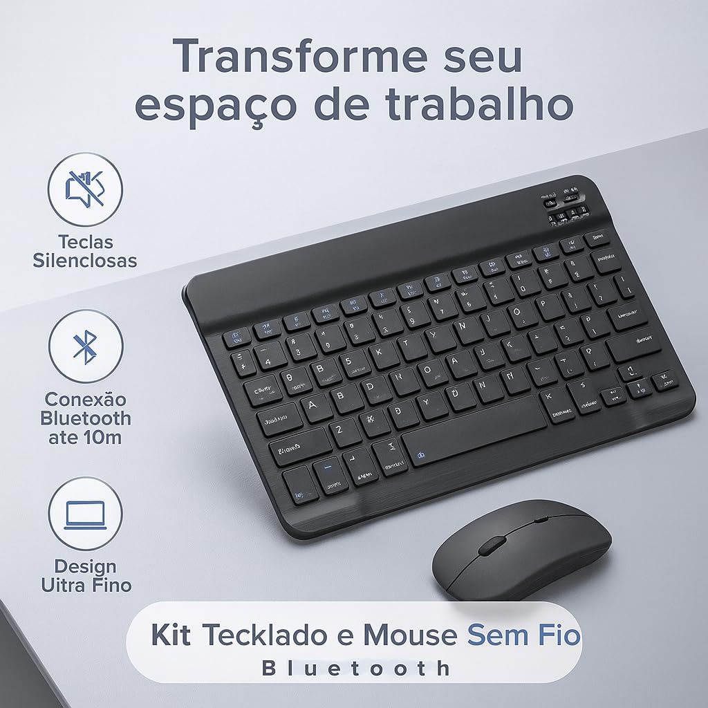Combo Teclado e Mouse Bluetooth Ultrafino Sem Fio, Portátil e Recarregável E Teclado sem Fio - Compatível com Tablets Android, Celular, Smartphone, iPhone, iPad mini, Pro Air 10.2 10.9 11 12.9