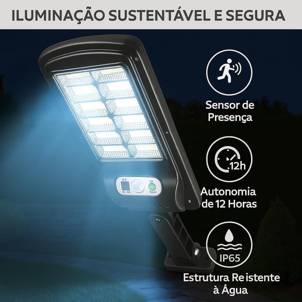 Luminária Solar Refletor Poste com Controle Remoto Super Potente Led Sensor de Presença 3 Modos de Iluminação – IP65 Ultra Potente Prova D'agua 8 Janelas