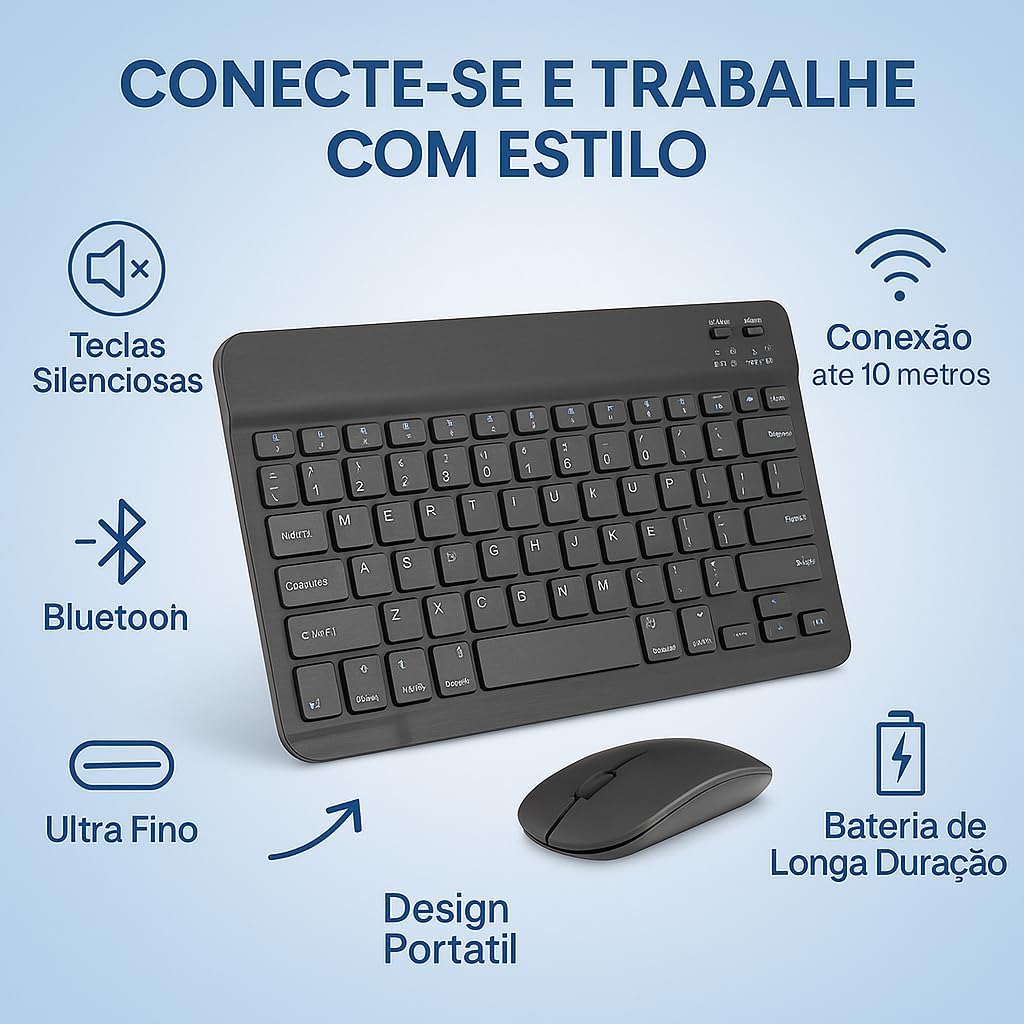 Combo Teclado e Mouse Bluetooth Ultrafino Sem Fio, Portátil e Recarregável E Teclado sem Fio - Compatível com Tablets Android, Celular, Smartphone, iPhone, iPad mini, Pro Air 10.2 10.9 11 12.9