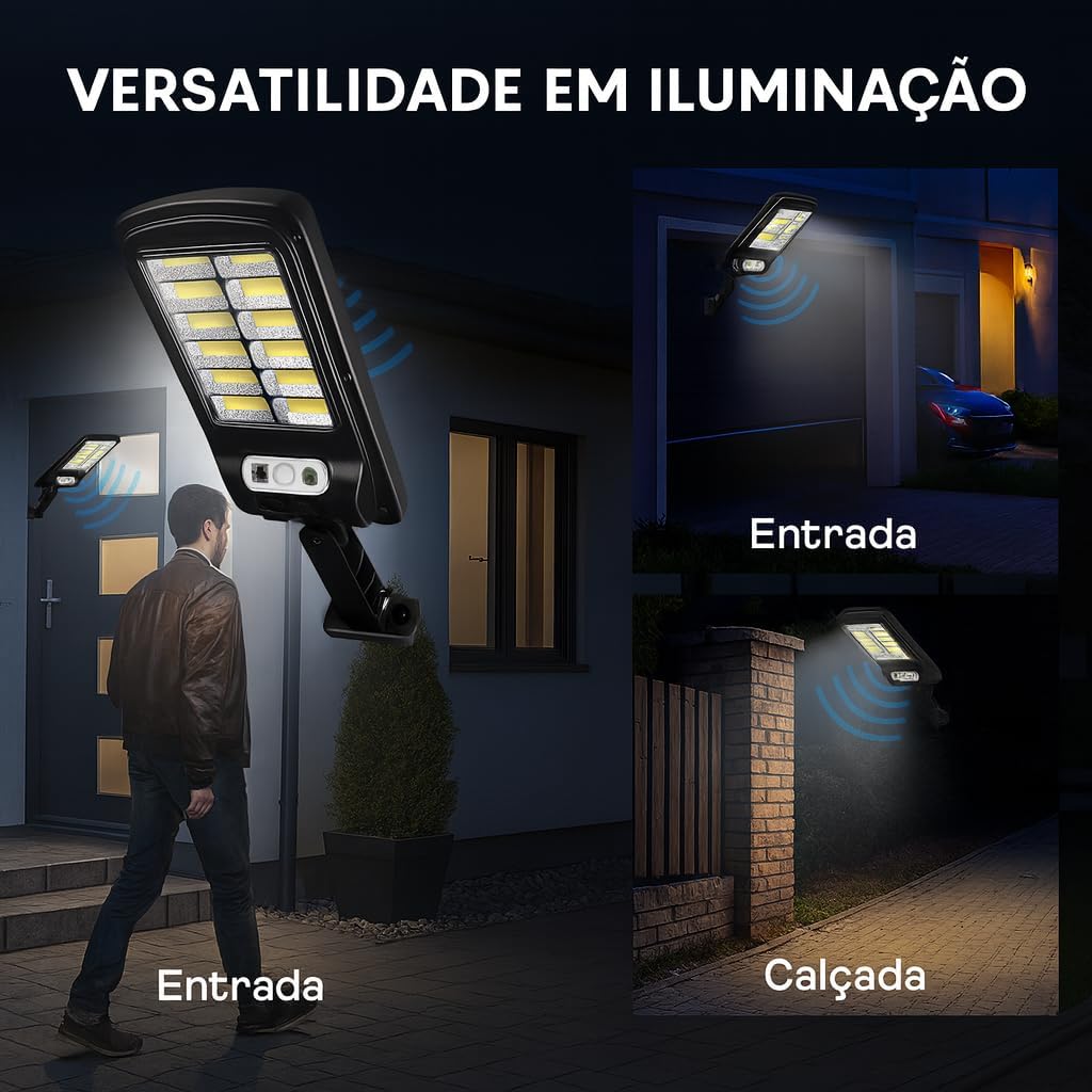 Luminária Solar Refletor Poste com Controle Remoto Super Potente Led Sensor de Presença 3 Modos de Iluminação – IP65 Ultra Potente Prova D'agua 8 Janelas