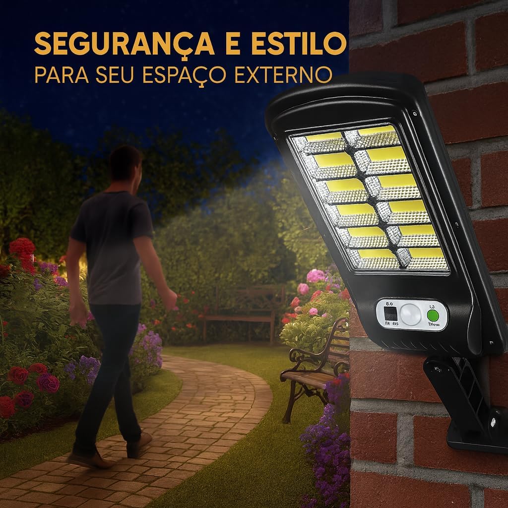 Luminária Solar Refletor Poste com Controle Remoto Super Potente Led Sensor de Presença 3 Modos de Iluminação – IP65 Ultra Potente Prova D'agua 8 Janelas